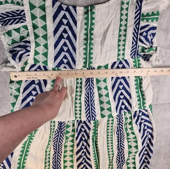 THML Flutter Fringe Sleeve Square Neck Chevron Print Blue Green Dress Size M - Picture 10 of 14